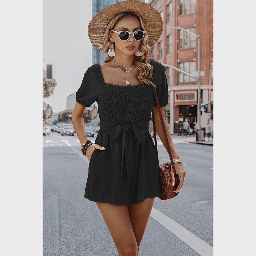 Solid Square Neck Flutter Sleeve Smocked Romper
