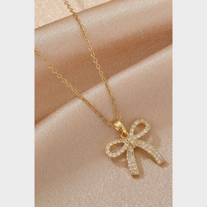 Plated Rhinestone Bowknot Pendant Necklace