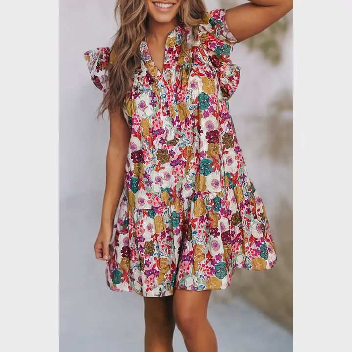 Floral Printed Split Neck Flutter Sleeve Dress