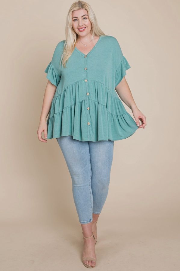 Plus Size Solid Tiered Babydoll Button Tunic