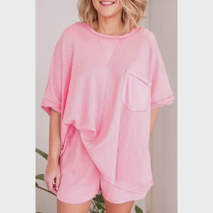 Plus Size Ribbed Exposed Seam Tee and Shorts Set