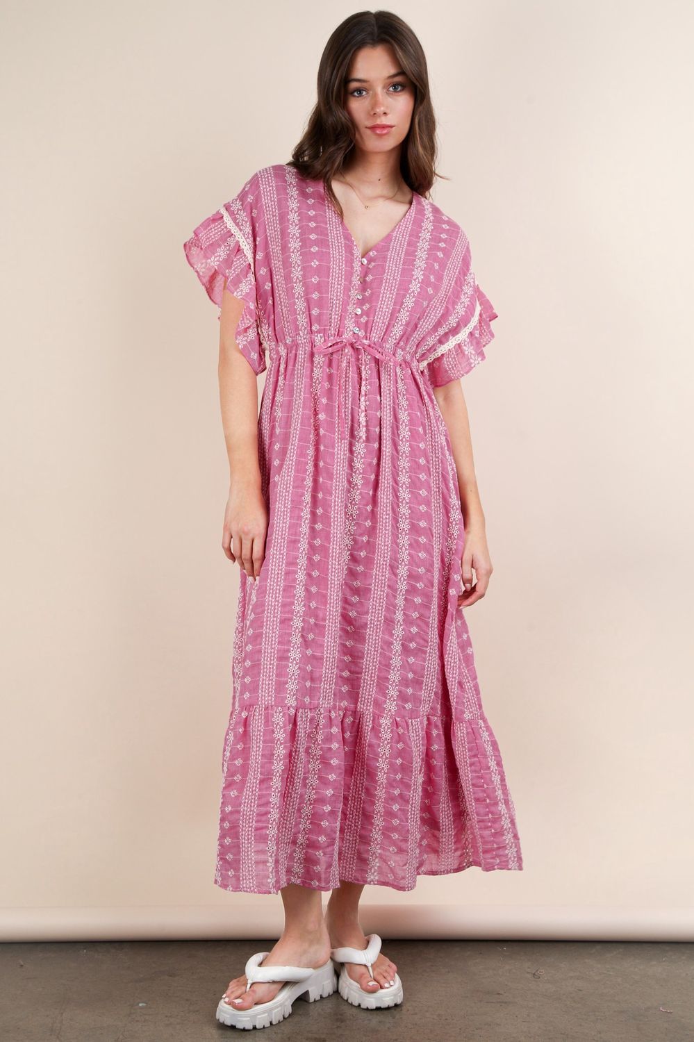Embroidered Boho Ruffled Midi Dress