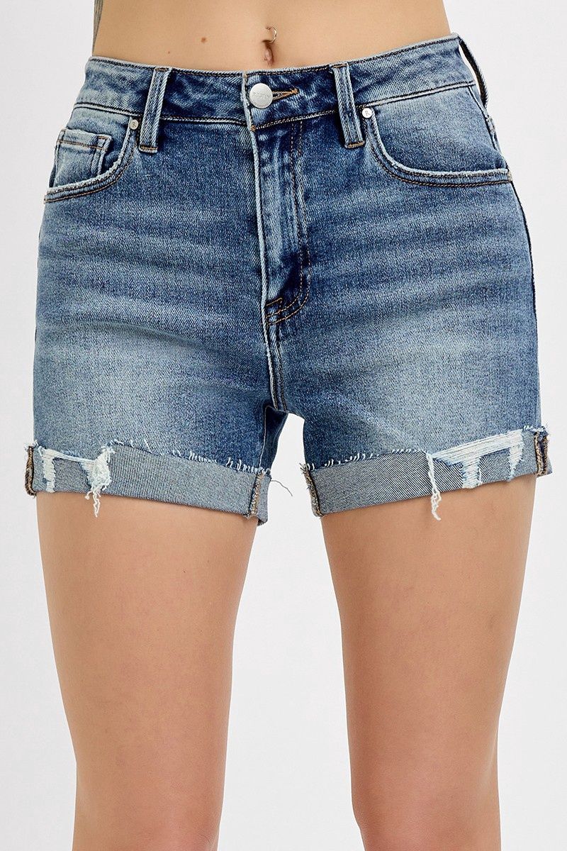 HIGH RISE RIPPED HEM SHORTS