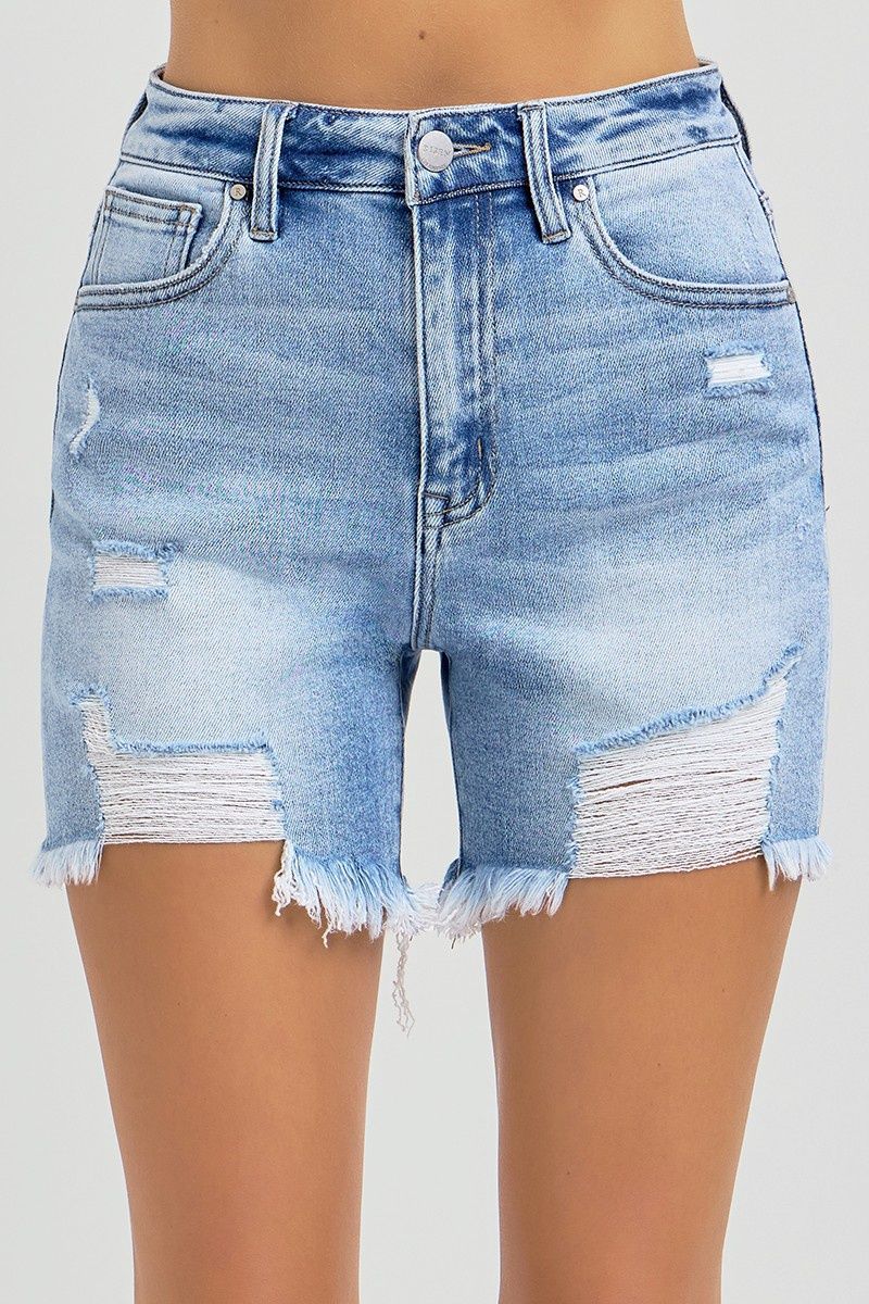 HIGH RISE MID THIGH DISTRESSED SHORTS
