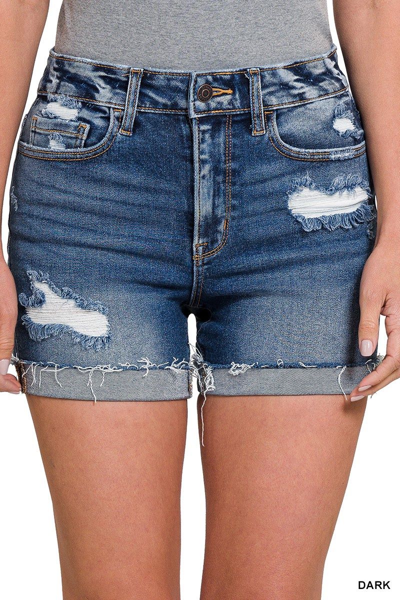DISTRESSED CUFFED RAW HEM DENIM SHORT