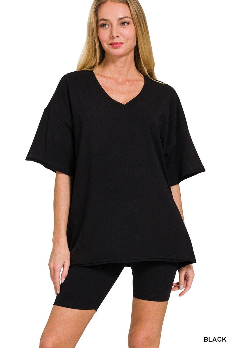 COTTON V-NECK TOP &amp; BIKER SHORTS SET, Colour: Black, Size: Small