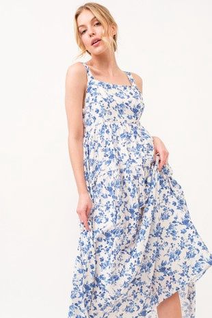 Square Neck Smocked Back Print Long Dress