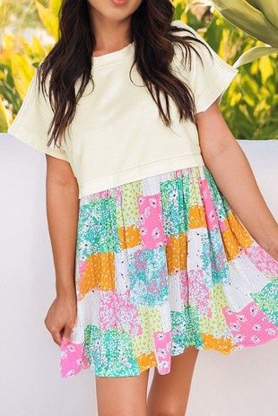 Floral Patchwork T Shirt Pleated Loose Fit Dress