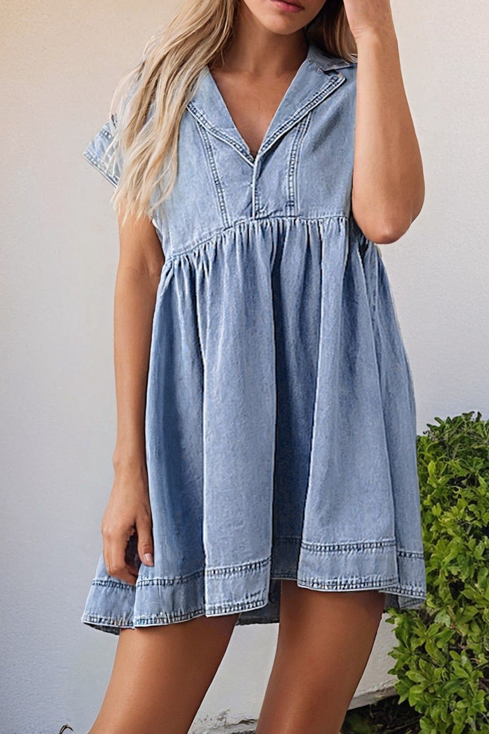 Lapel Neck Cap Sleeve High Waist Denim Dress
