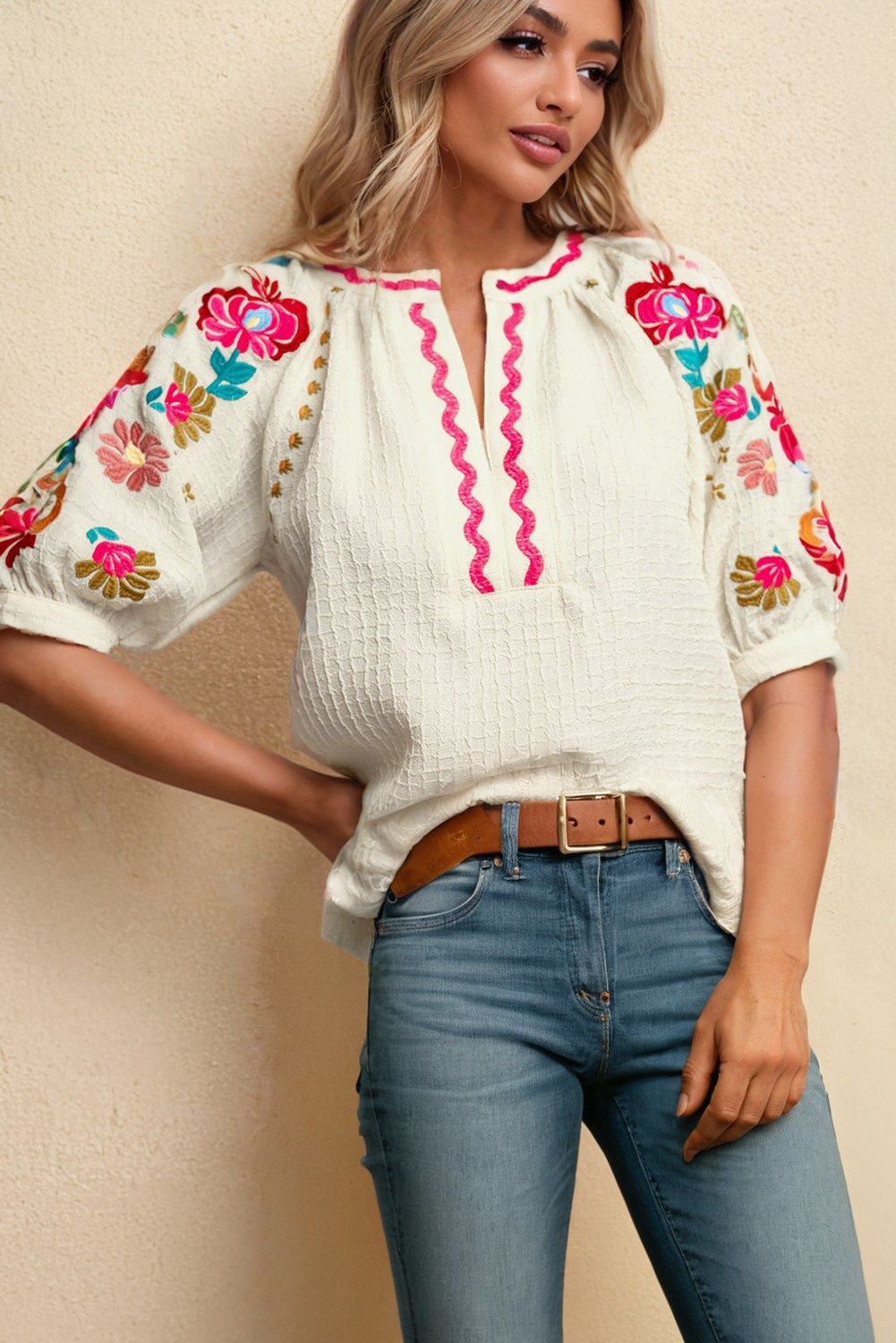 Floral Embroidered Ricrac Puff Sleeve Textured Top