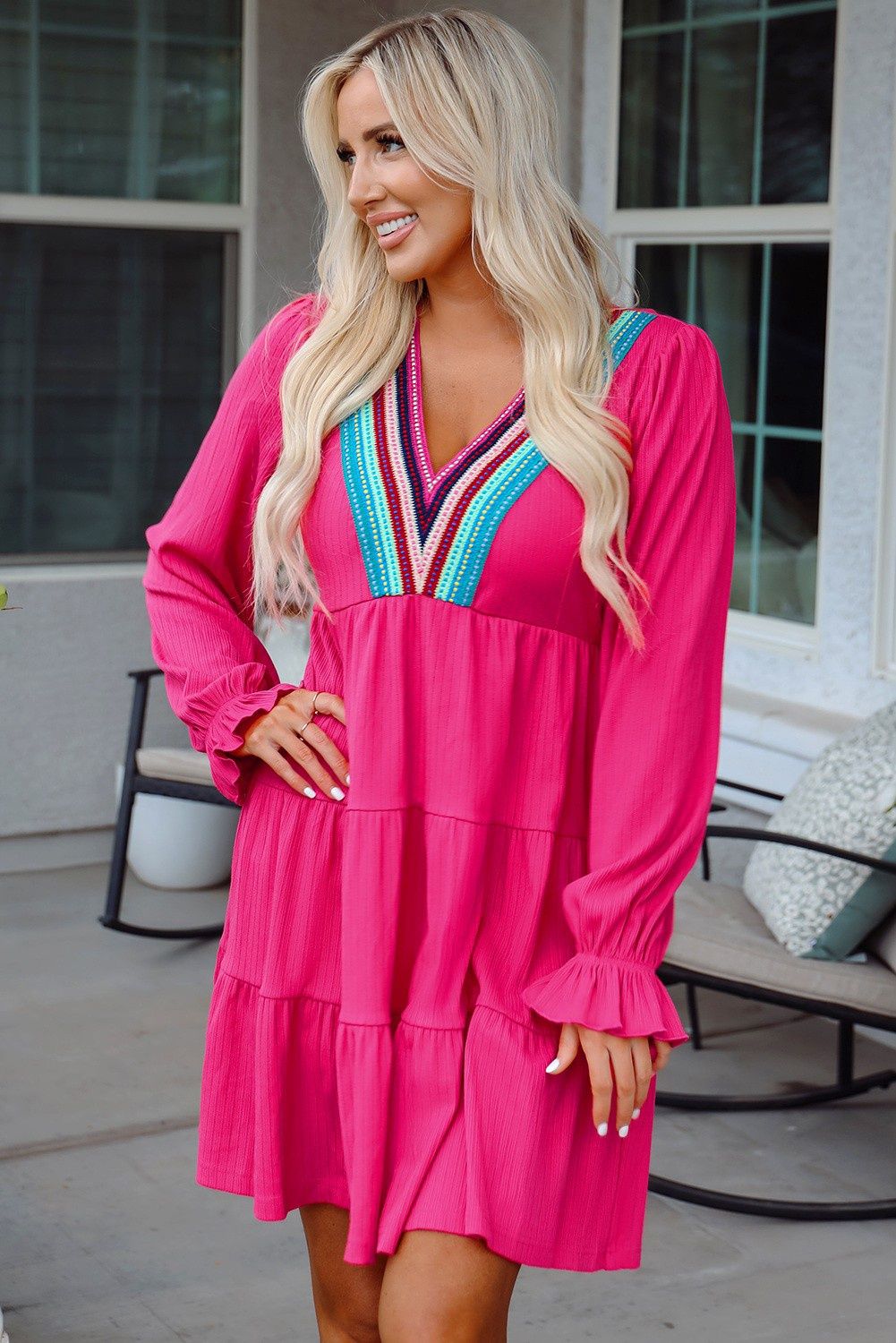 Colorful Crochet Textured Tiered Ruffle Mini Dress