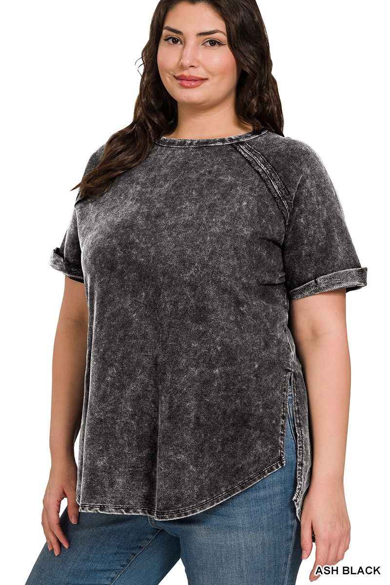 TERRY ACID WASH SHORT CUFF SLEEVE PULLOVER