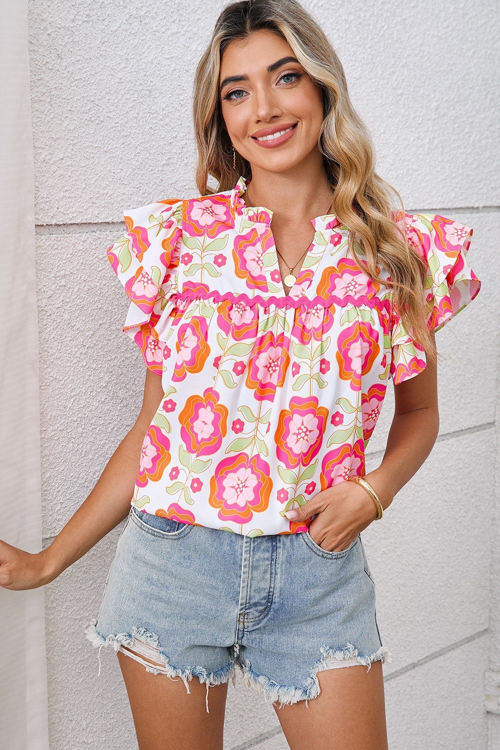 Boho Floral Print Ricrac Ruffle Sleeve Blouse