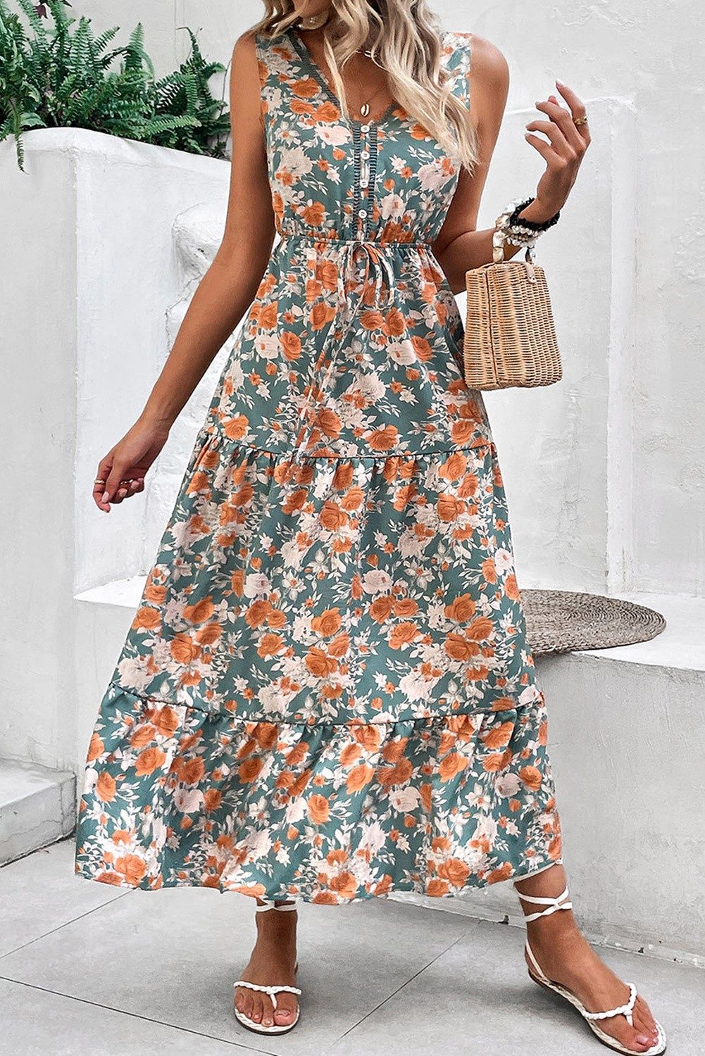Trimmed Tie Waist Sleeveless Holiday Long Dress