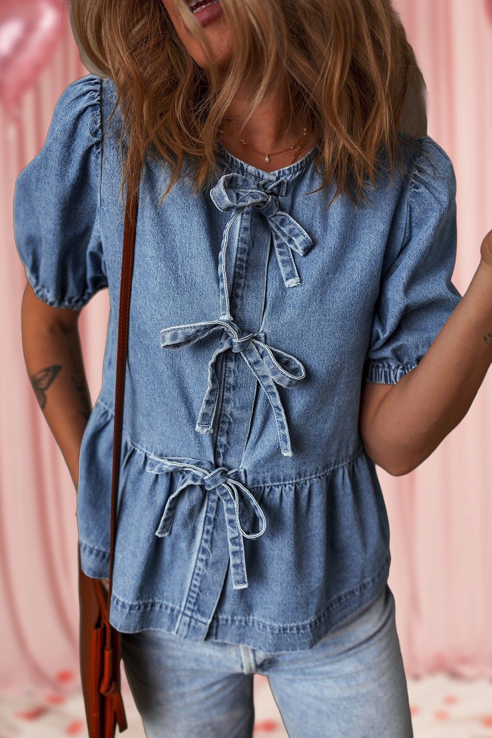Tied Front Bubble Sleeve Peplum Denim Shirt