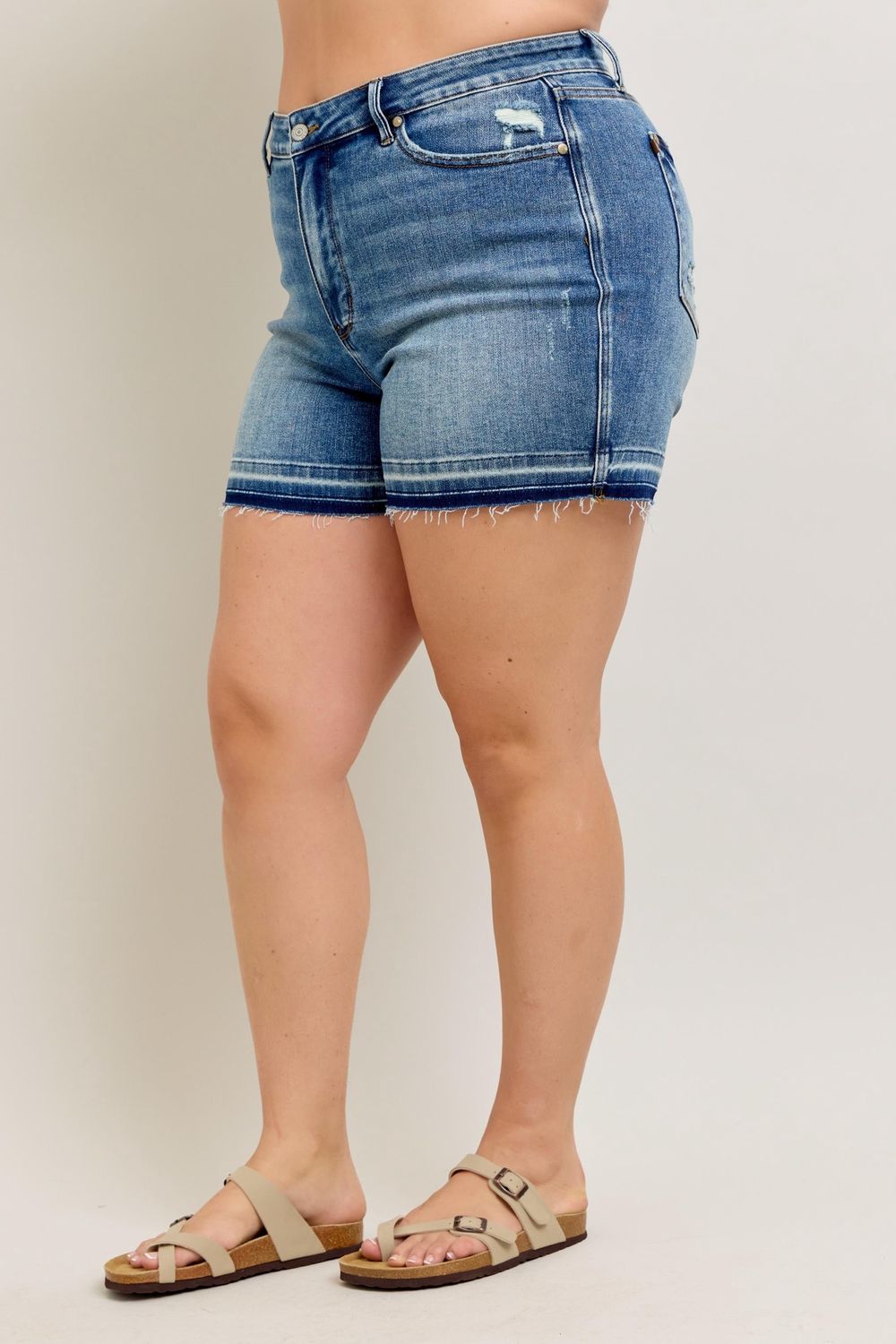 Mid Rise Tummy Control Vintage Wash Release Hem Shorts