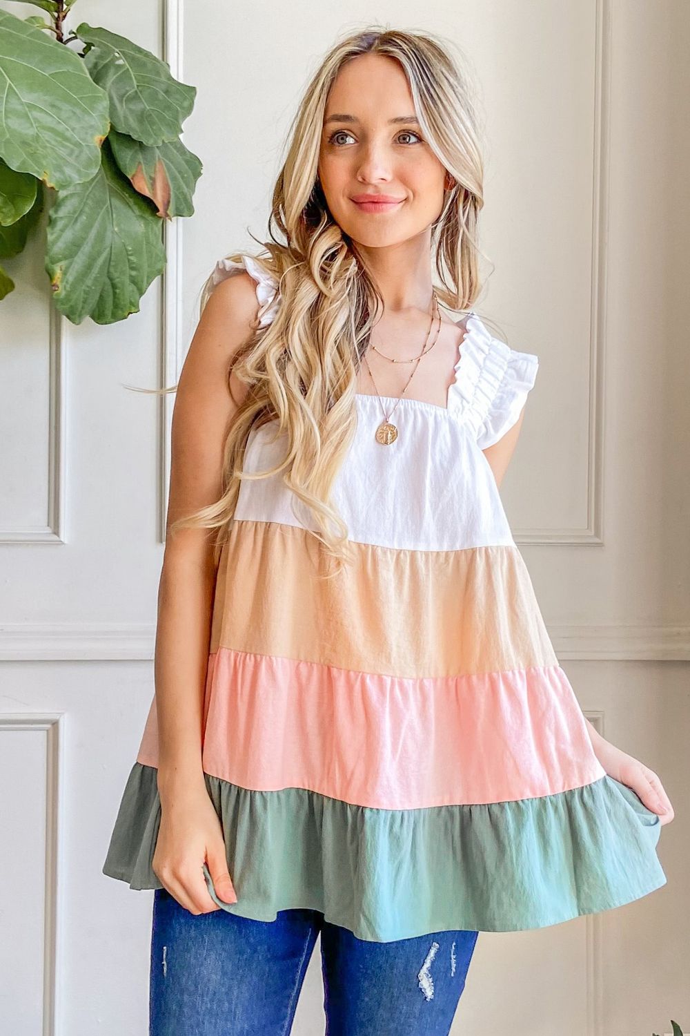Color Block Ruffle Straps Tank Top