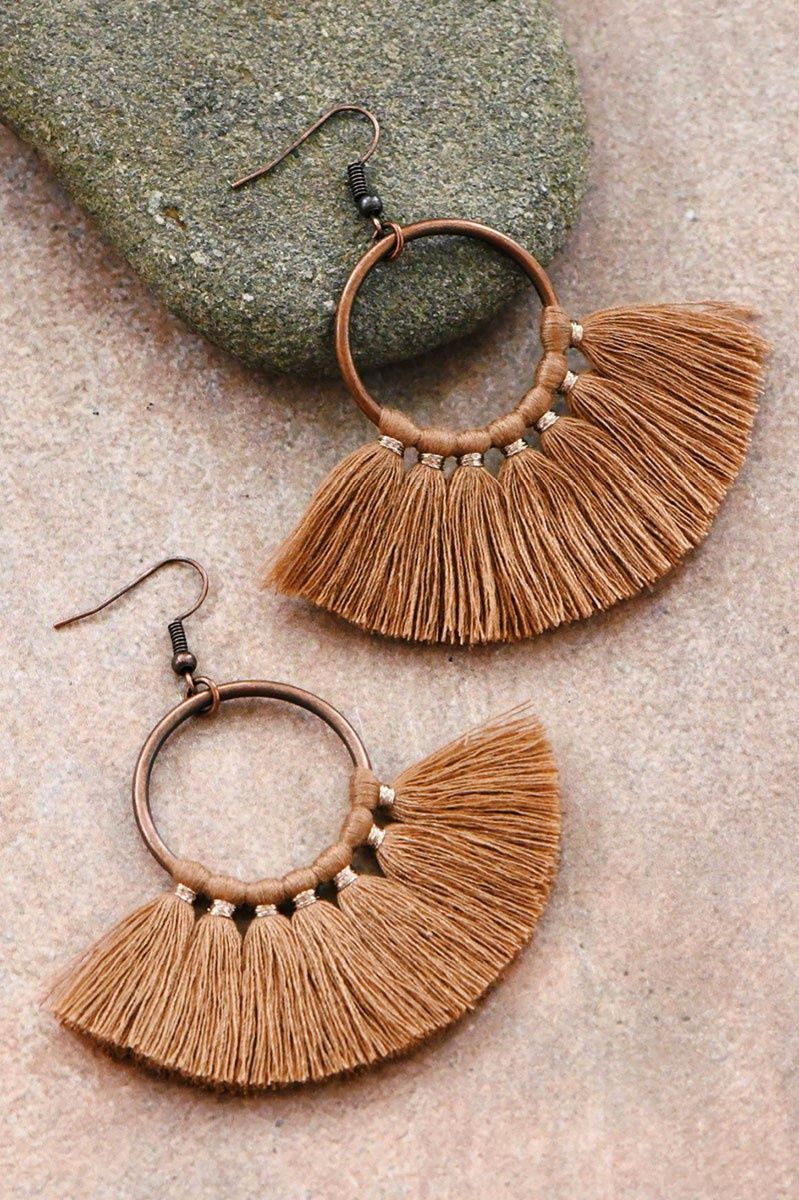 Brown Boho Chic Fan Shaped Tassel Earrings