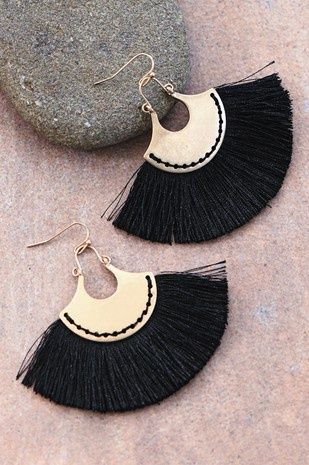 Black Boho Chic Fan Shaped Tassel Earrings
