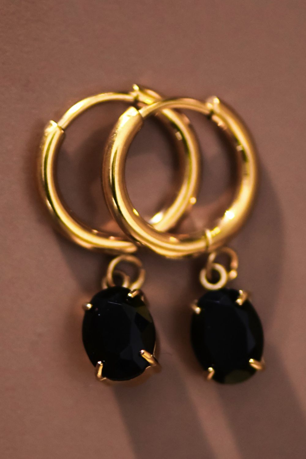 Small Hoop w/ Black Stone Non-Tarnish Stainless Steel Earrings