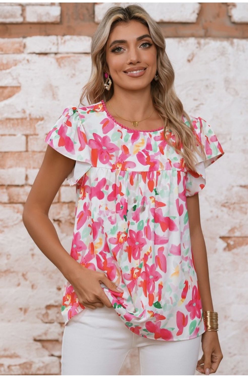 Floral Print Flutter Sleeve Round Neck Blouse