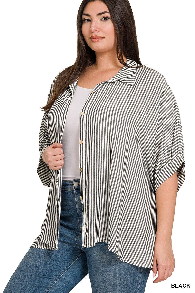 Plus Rayon Striped Short Sleeve Button Up Shirt