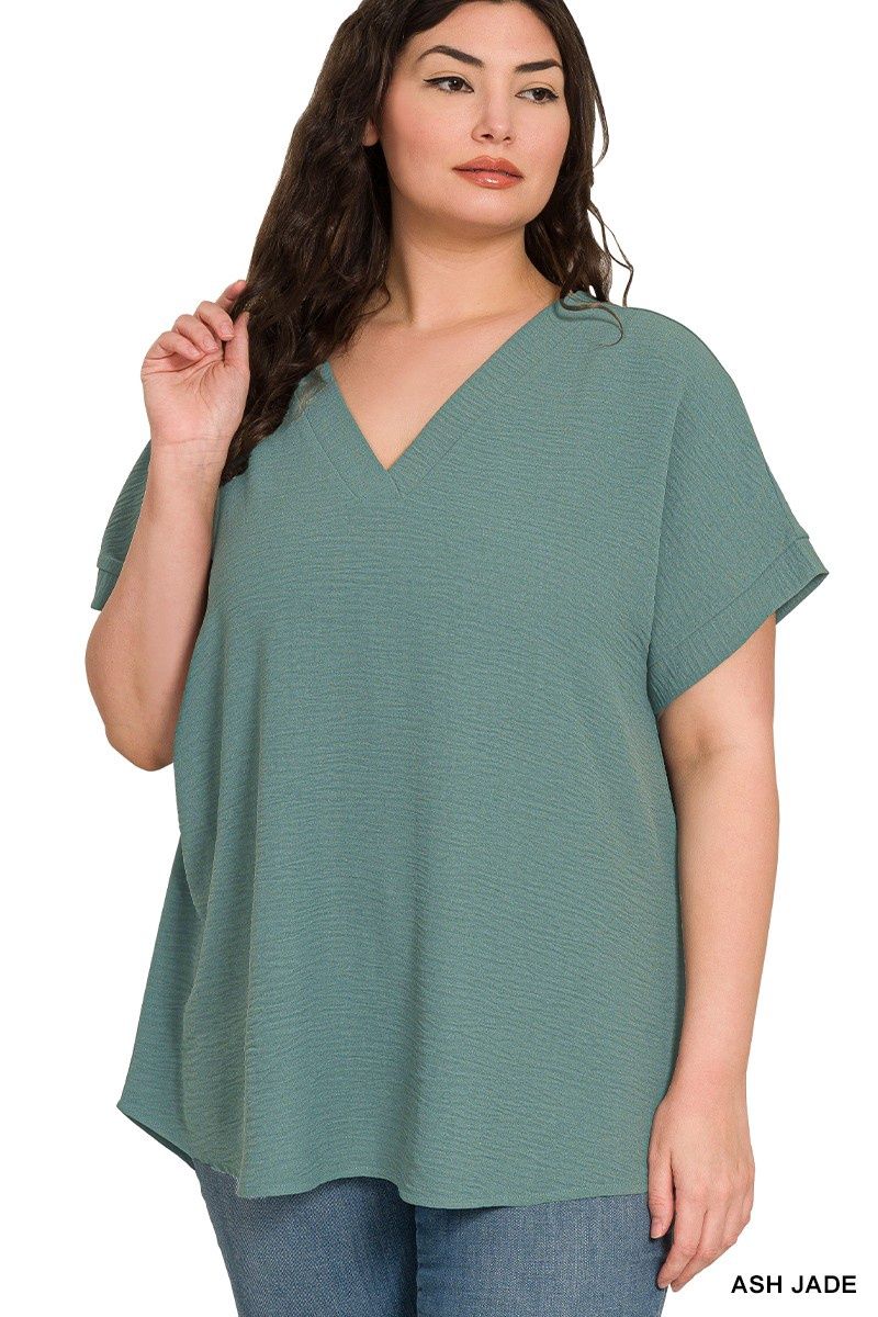 Plus Woven Airflow V-neck Hi-low Hem Top