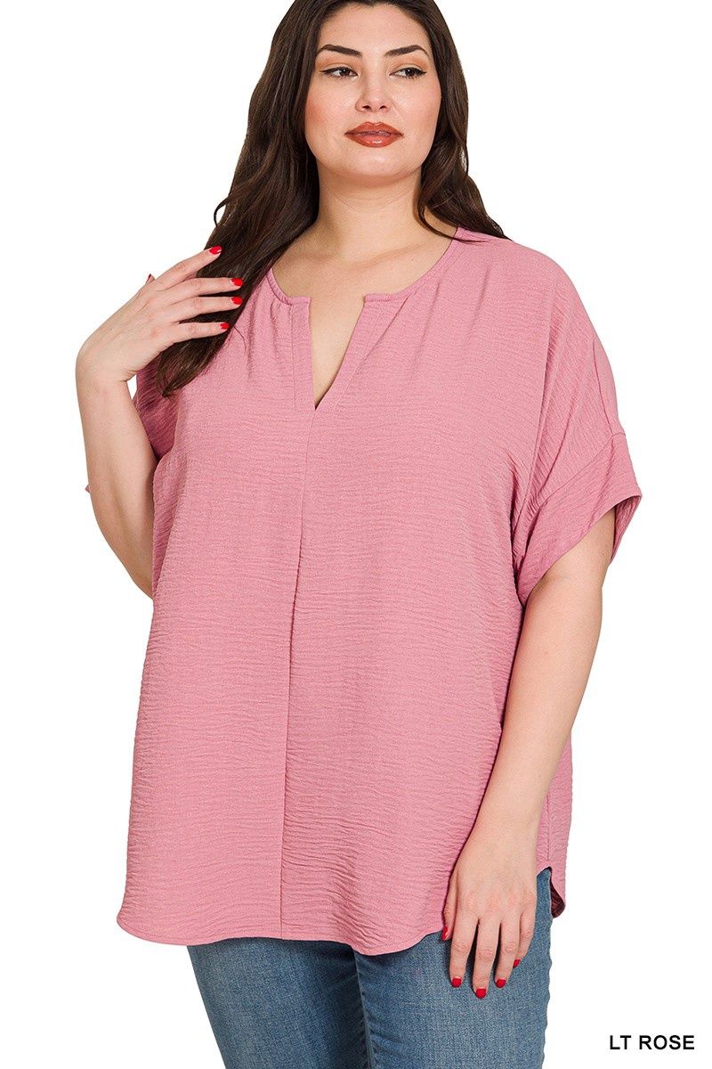 Woven Airflow Split Neck Short Sleeve Top