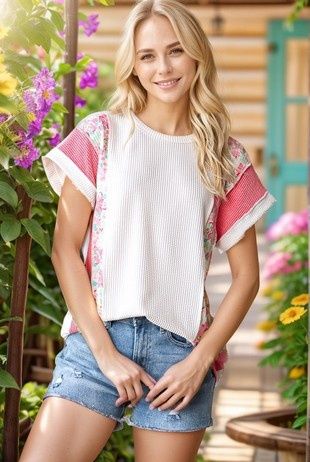 Short Sleeve Solid And Floral Top