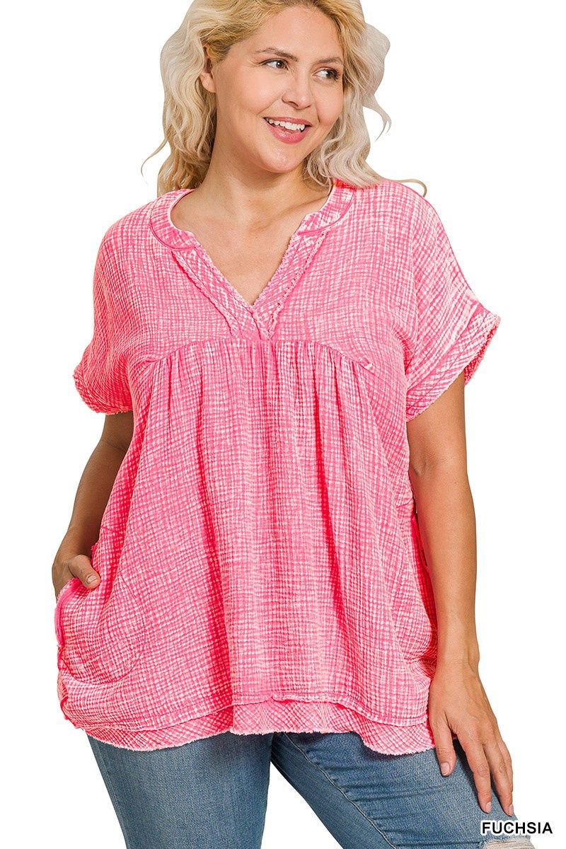 Plus Washed Double Gauze Raw Edge Shirt