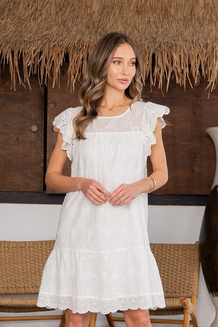 Plus Sheer Yoke Eyelet Dress With Flutter Sleeves