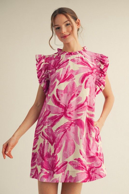 Ruffled Sleeves Tropical Floral Dress