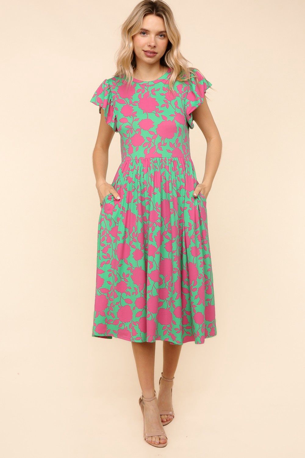 Midi Spring Dress W/ Folded Ruffle Short Sleeve, Colour: Green/Pink, Size: Small