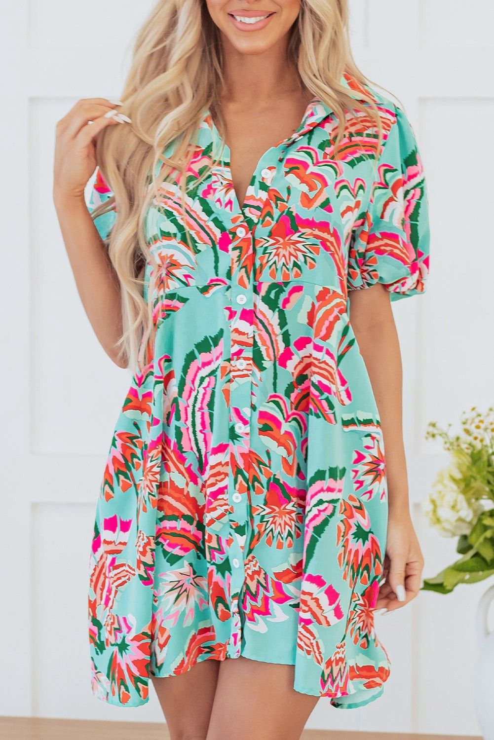 Abstract Buttoned Summer Mini Dress