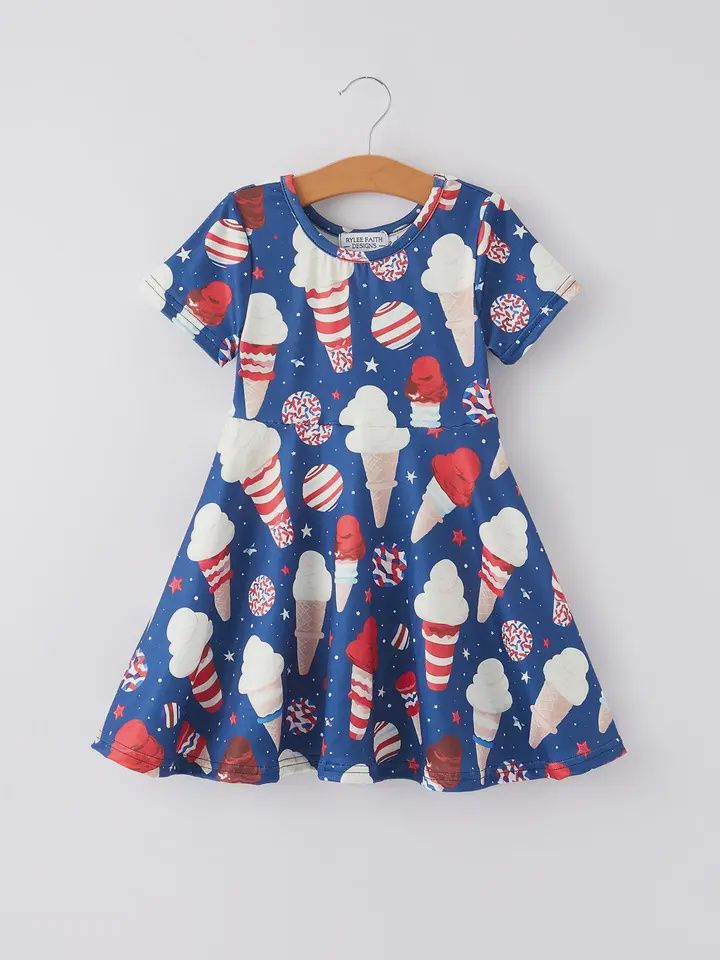 4th Of July Ice Cream Star Girls Dress