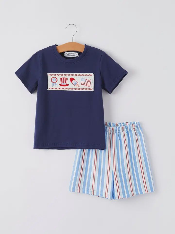 Flag Ice Cream Smock Embroidery Boys Short Sleeved Set
