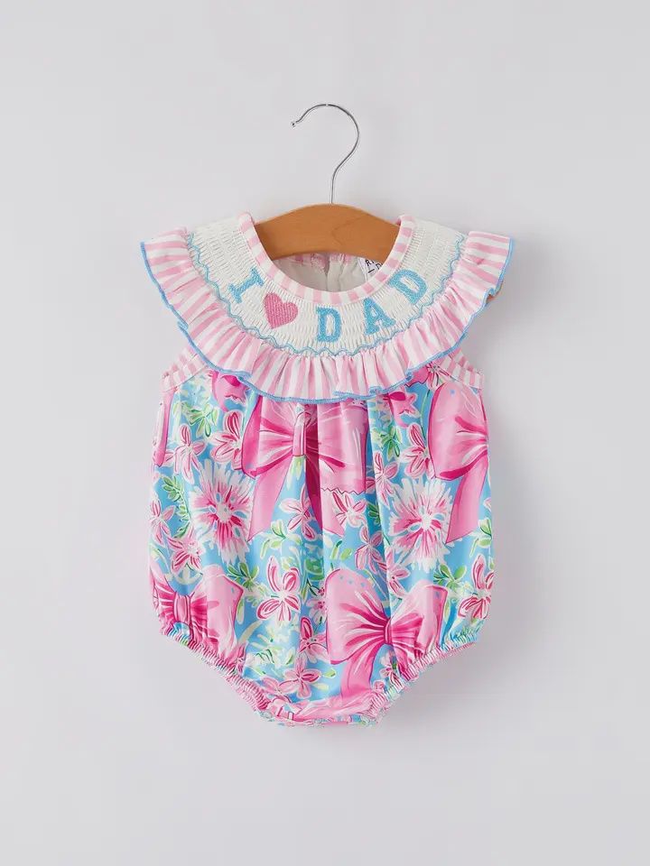“I ❤ Dad”Embroidery Smocking Baby Girls Romper