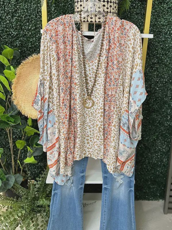 Color Block Patchwork Leopard Floral Bat Wing Sleeve Blouse