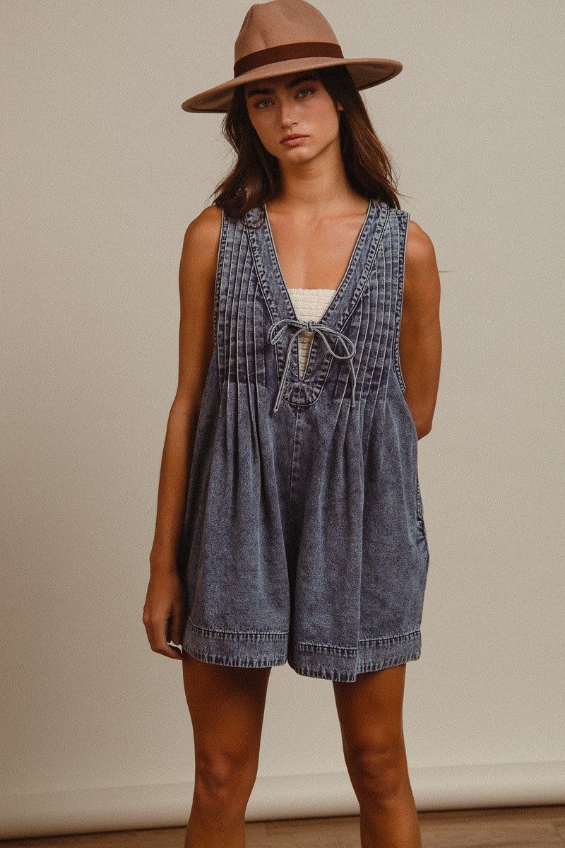 Mneral Washed Pintuck Romper With Side Pocket
