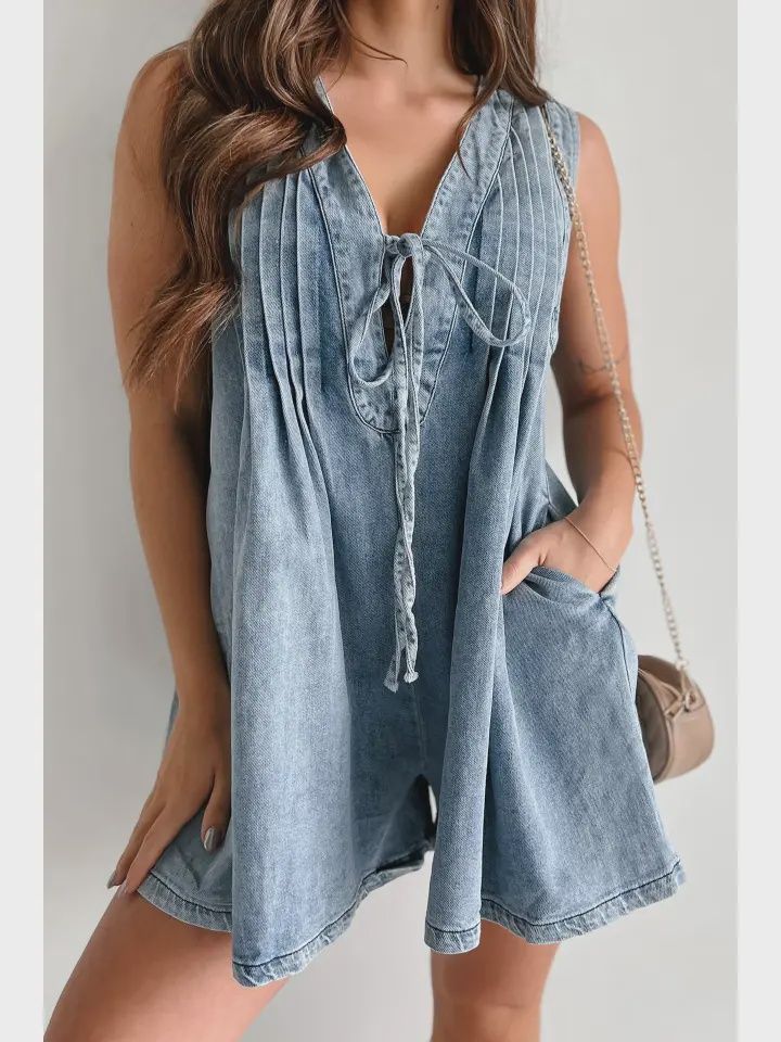 Ladies Tie Front V-Neck Sleeveless Denim Romper
