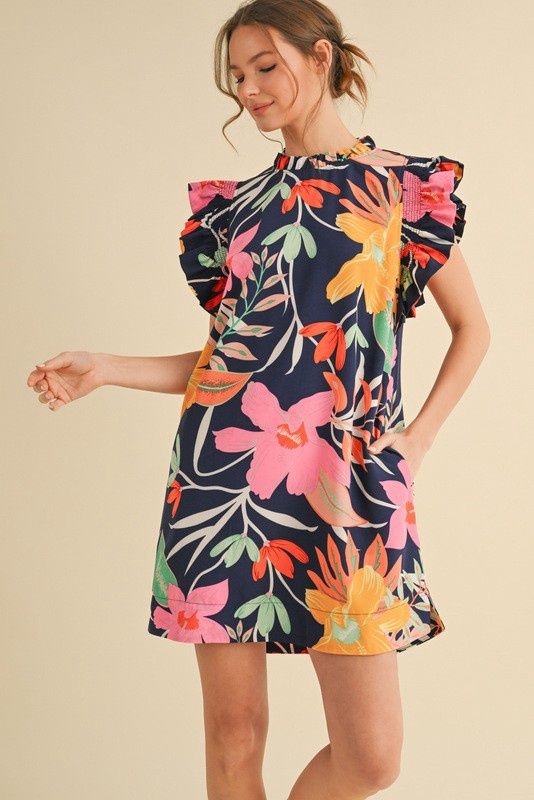 Floral Print Ruffle Cap Sleeve Dress
