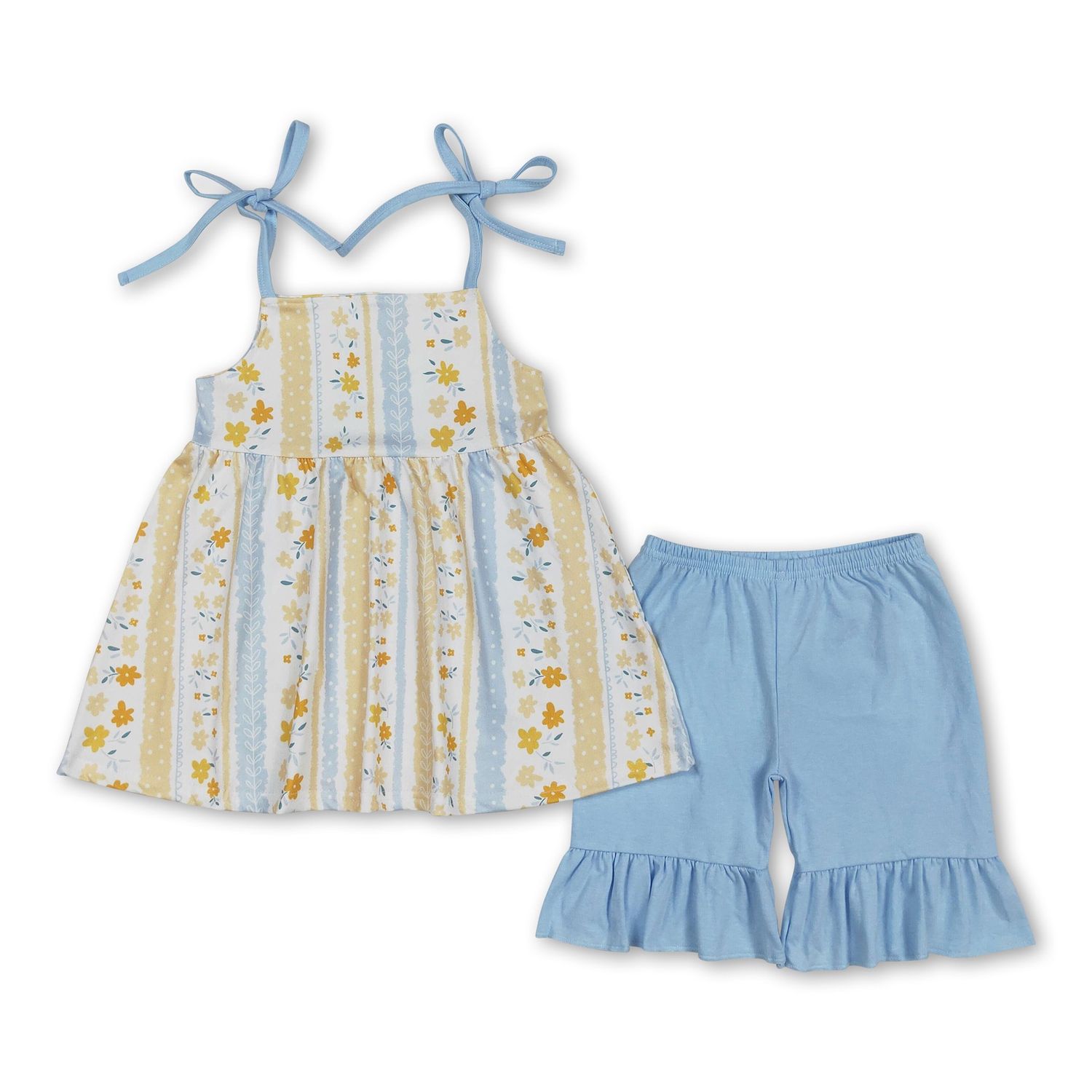 Floral Straps Tunic Shorts Girls Clothing Set