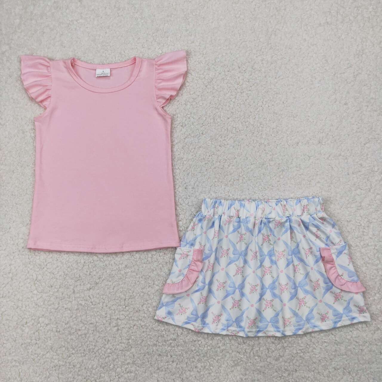 Flutter Sleeves Top Floral Bow Skirt Girls Set