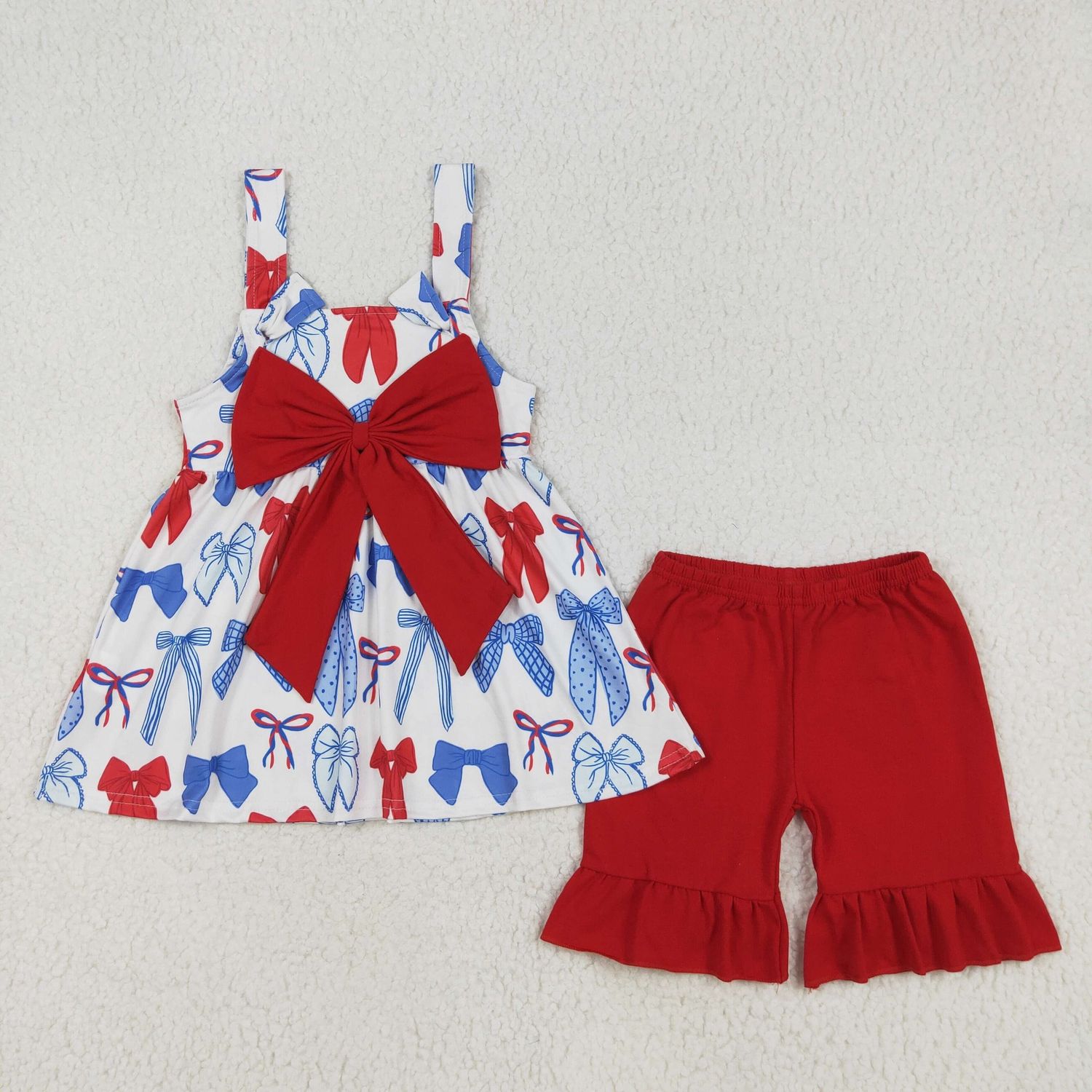 Blue Red Bow Tunic Shorts Girls 4th Of July Set