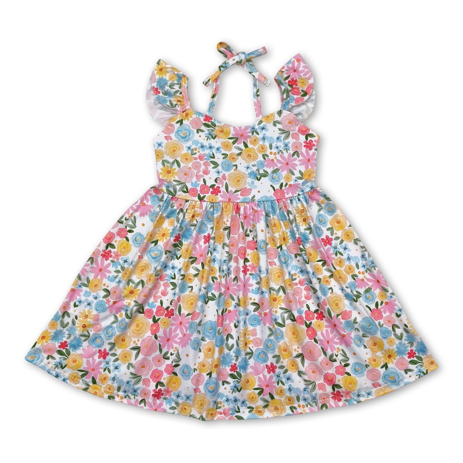 Pink Yellow Floral Backless Girls Dress