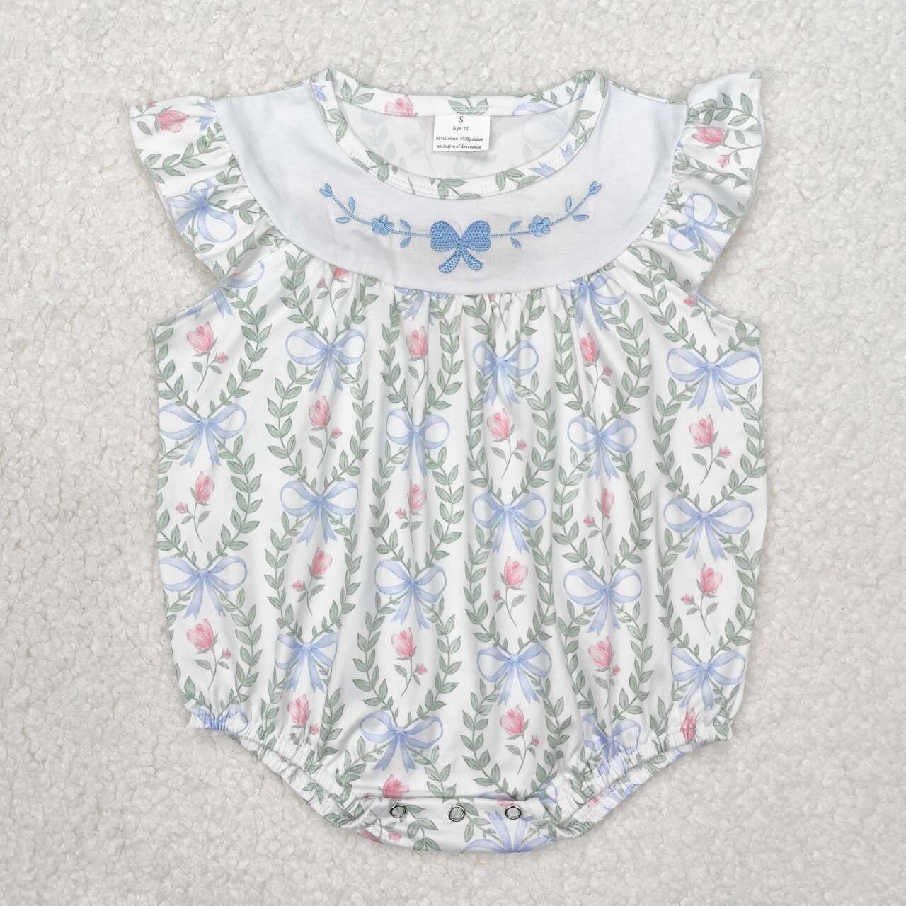 Blue Bow Embroidery Floral Baby Girls Romper