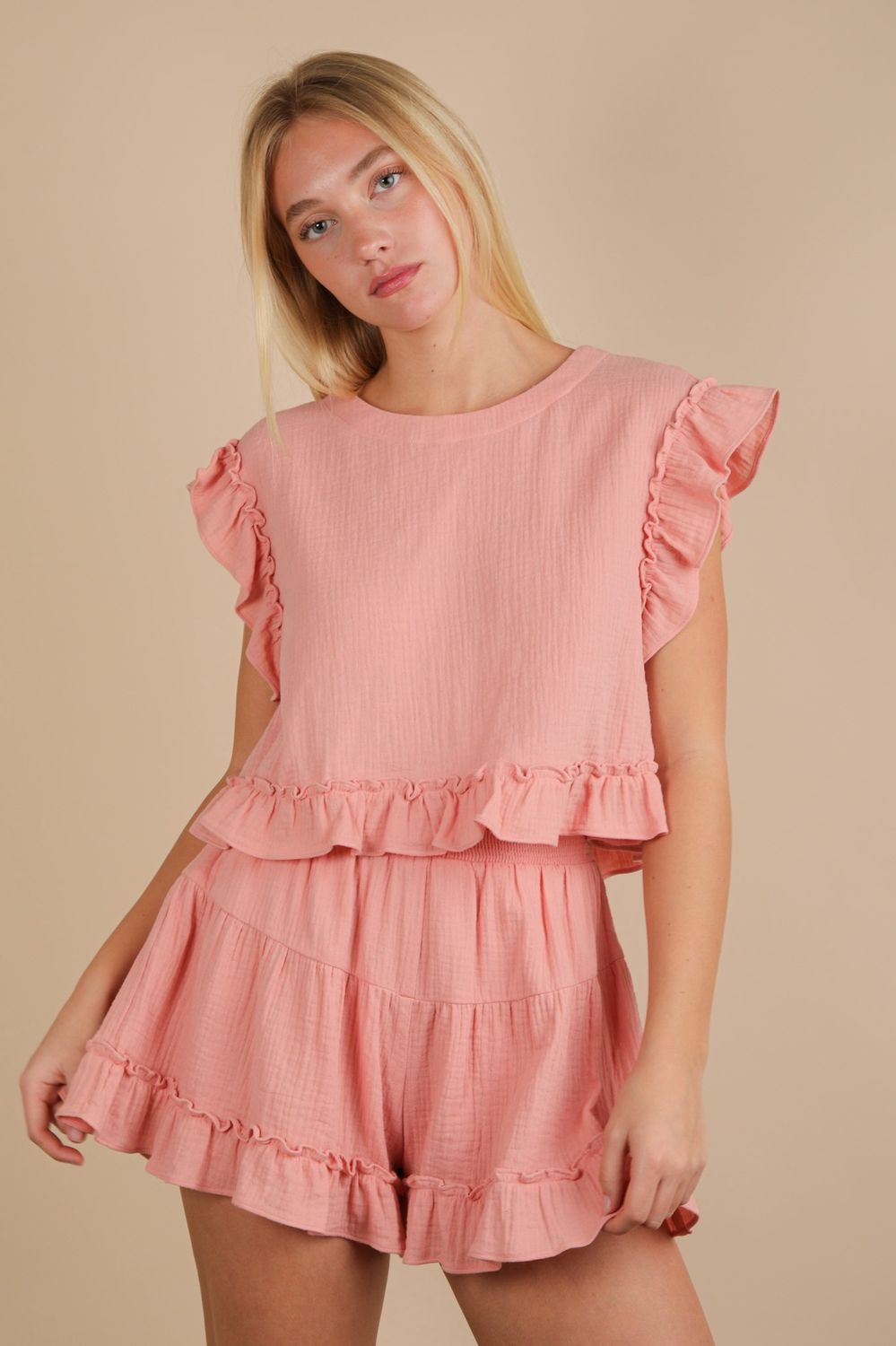 Ruffled Solid Woven Top &amp; Shorts Set