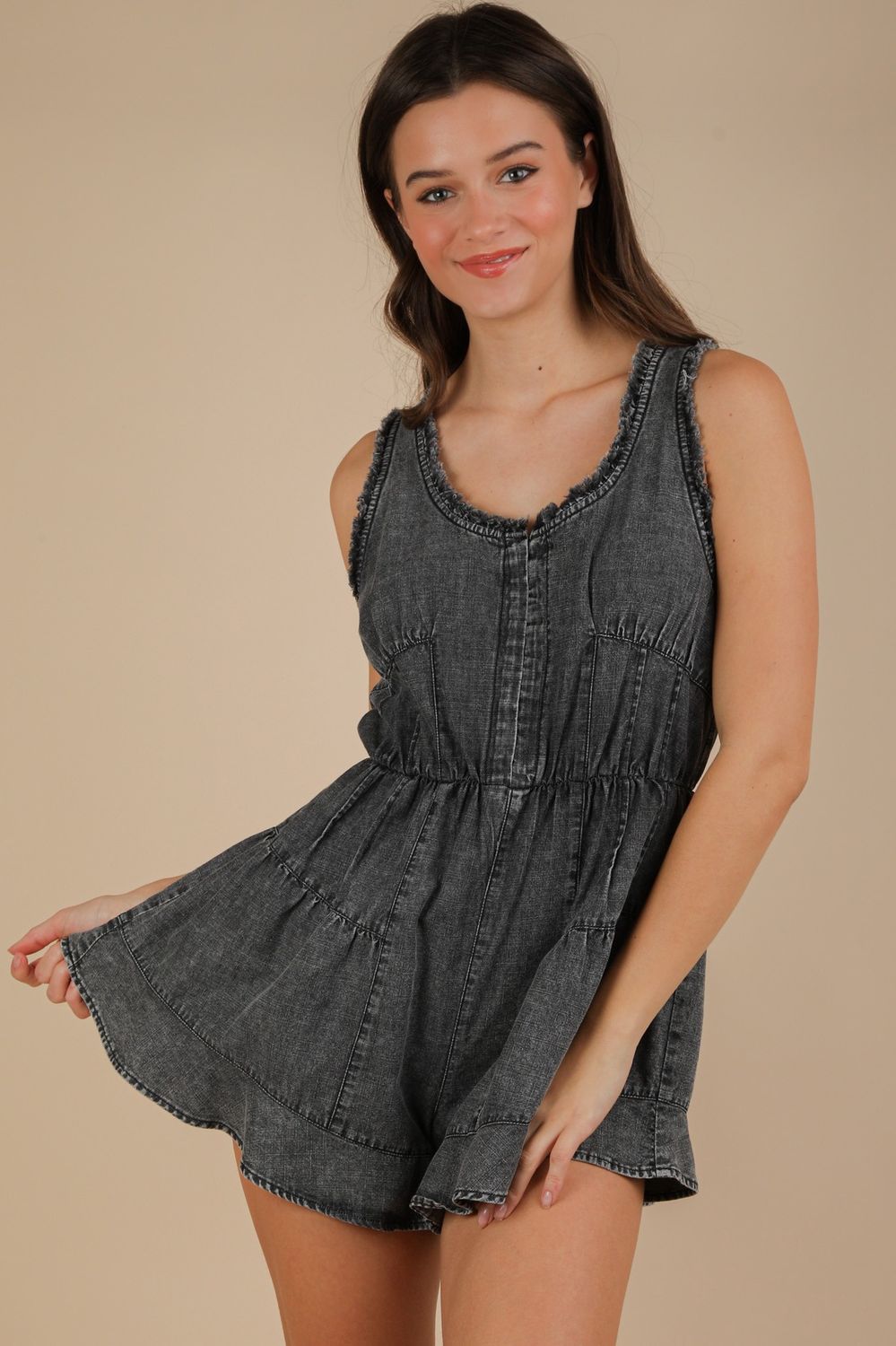 Washed Chambray Denim Frayed Romper