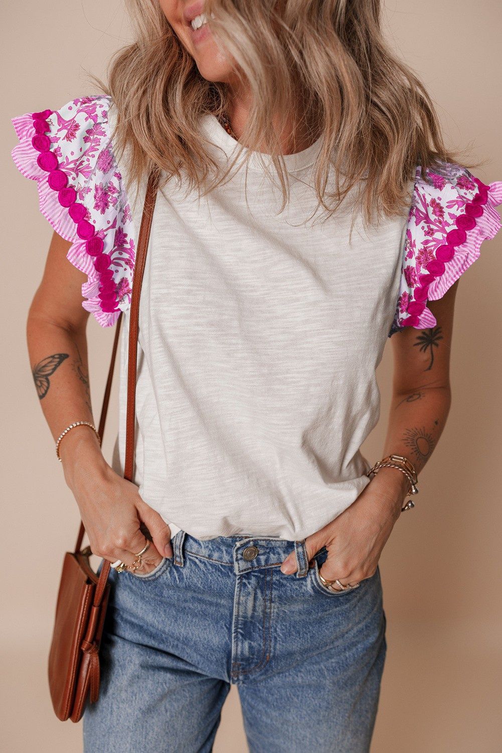 Floral Striped Patchwork Flutter Sleeve Blouse