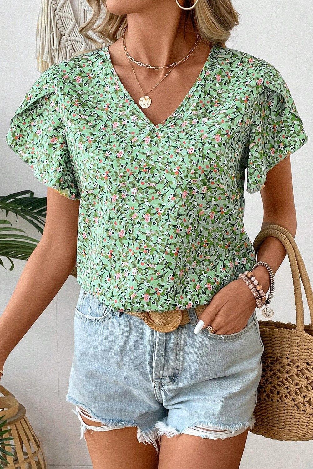 Boho Floral V Neck Short Sleeve Blouse